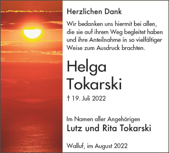 Traueranzeige von Helga Tokarski von vrm-trauer Rheingau
