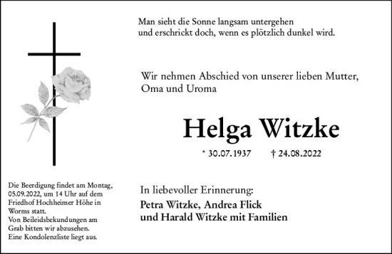 Traueranzeige von Helga Witzke von vrm-trauer Wormser Zeitung