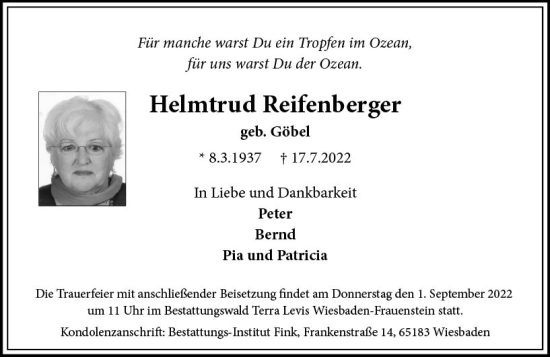 Traueranzeige von Helmtrud Reifenberger von vrm-trauer Wiesbadener Kurier