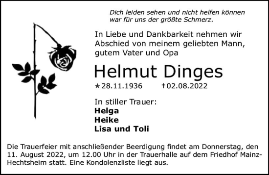 Traueranzeige von Helmut Dinges von vrm-trauer AZ Mainz
