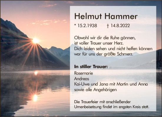 Traueranzeige von Helmut Hammer von vrm-trauer Rüsselsheimer Echo / MainSpitze