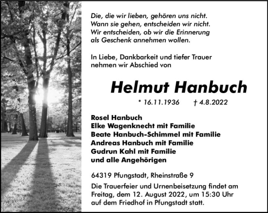 Traueranzeige von Helmut Hanbuch von vrm-trauer Darmstädter Echo