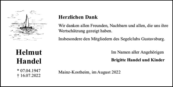 Traueranzeige von Helmut Handel von vrm-trauer AZ Mainz
