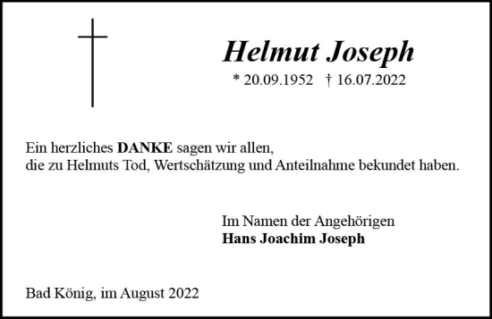 Traueranzeige von Helmut Joseph von vrm-trauer Odenwälder Echo
