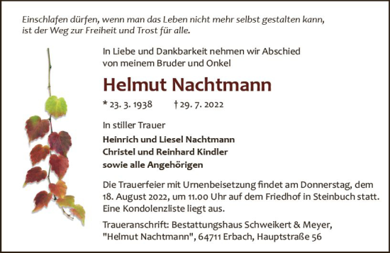 Traueranzeige von Helmut Nachtmann von vrm-trauer Odenwälder Echo