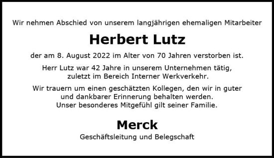 Traueranzeige von Herbert Lutz von vrm-trauer Darmstädter Echo