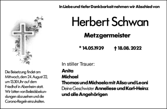 Traueranzeige von Herbert Schwan von vrm-trauer Wormser Zeitung