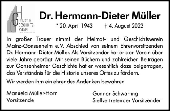 Traueranzeige von Hermann-Dieter Müller von vrm-trauer AZ Mainz