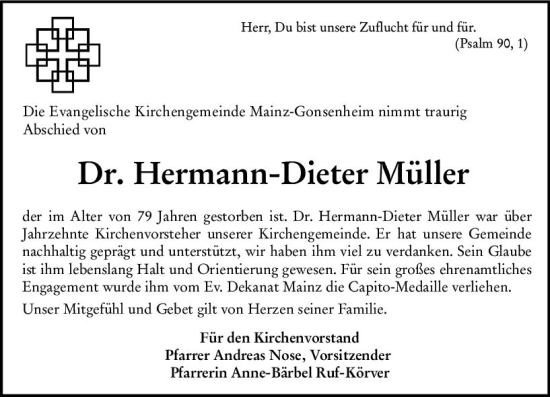 Traueranzeige von Hermann-Dieter Müller von vrm-trauer AZ Mainz