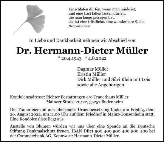 Traueranzeige von Hermann-Dieter Müller von vrm-trauer AZ Mainz