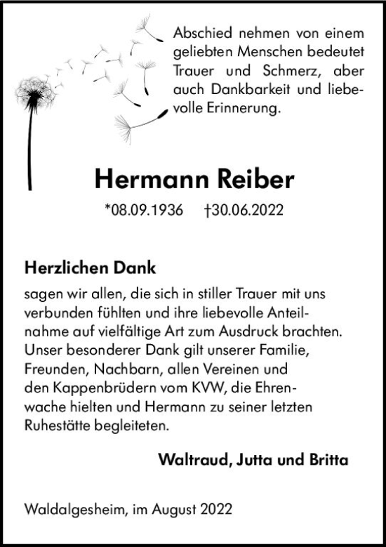 Traueranzeige von Hermann Reiber von vrm-trauer Allgemeine  Zeitung Ingelheim-Bingen