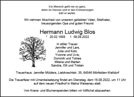 Traueranzeige von Hermann Ludwig Blos von vrm-trauer AZ Mainz