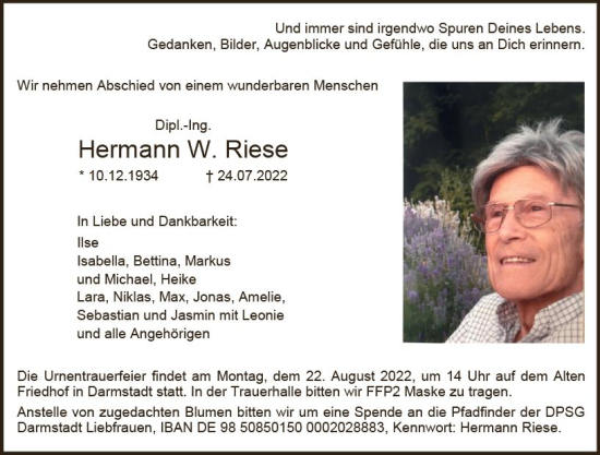 Traueranzeige von Hermann W. Riese von vrm-trauer Darmstädter Echo