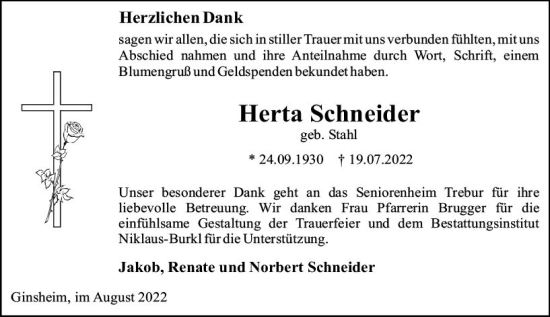 Traueranzeige von Herta Schneider von vrm-trauer Rüsselsheimer Echo / MainSpitze
