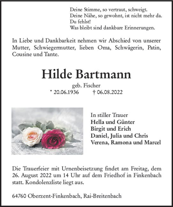 Traueranzeige von Hilde Bartmann von vrm-trauer Odenwälder Echo