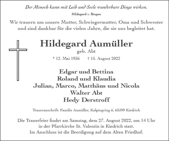 Traueranzeige von Hildegard Aumüller von vrm-trauer Wiesbadener Kurier