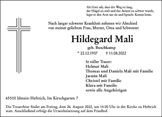 Traueranzeige von Hildegard Mali von vrm-trauer Idsteiner Zeitung