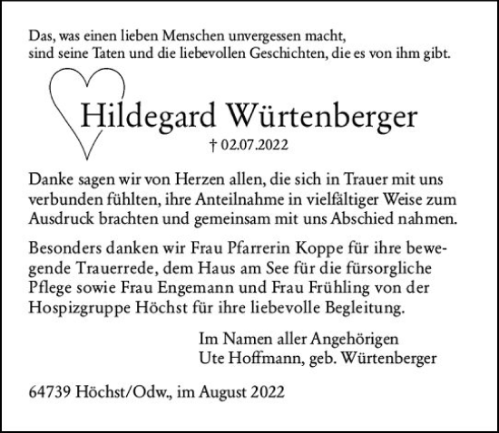 Traueranzeige von Hildegard Würtenberger von vrm-trauer Odenwälder Echo