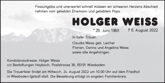Traueranzeige von Holger Weiss von vrm-trauer Wiesbadener Kurier