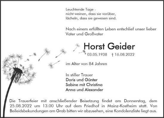 Traueranzeige von Horst Geider von vrm-trauer AZ Mainz