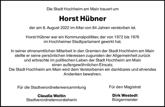 Traueranzeige von Horst Hübner von vrm-trauer Hochheimer Zeitung