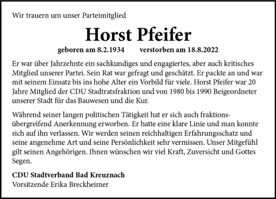 Traueranzeige von Horst Pfeifer von vrm-trauer Allg. Zeitung Bad Kreuznach
