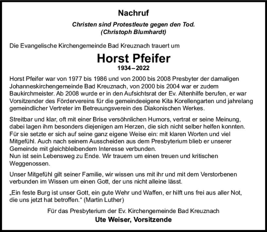 Traueranzeige von Horst Pfeifer von vrm-trauer Allg. Zeitung Bad Kreuznach