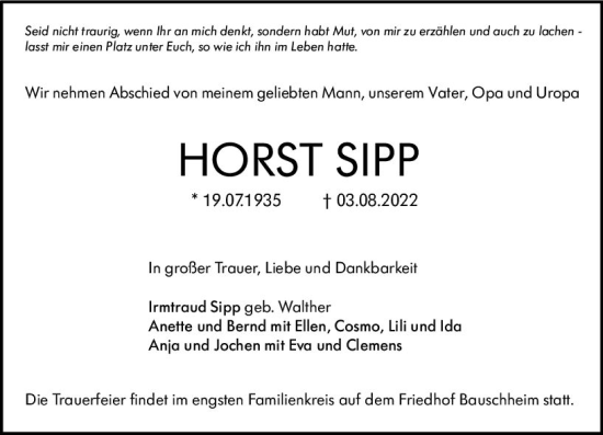 Traueranzeige von Horst Sipp von vrm-trauer Rüsselsheimer Echo / MainSpitze