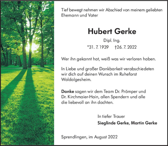 Traueranzeige von Hubert Gerke von vrm-trauer Allgemeine  Zeitung Ingelheim-Bingen
