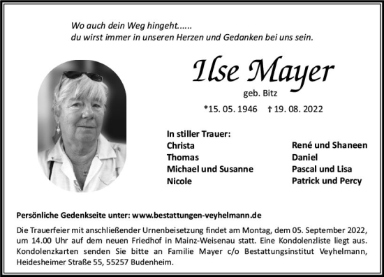 Traueranzeige von Ilse Mayer von vrm-trauer AZ Mainz
