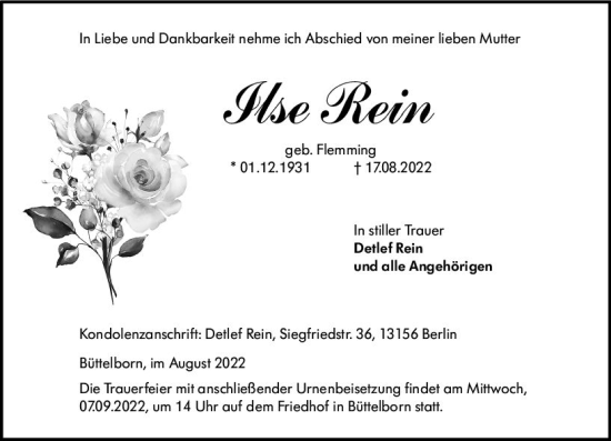 Traueranzeige von Ilse Rein von vrm-trauer Groß-Gerauer Echo