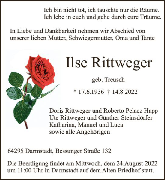 Traueranzeige von Ilse Rittweger von vrm-trauer Darmstädter Echo