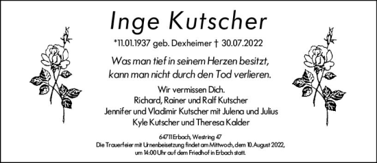 Traueranzeige von Inge Kutscher von vrm-trauer Odenwälder Echo