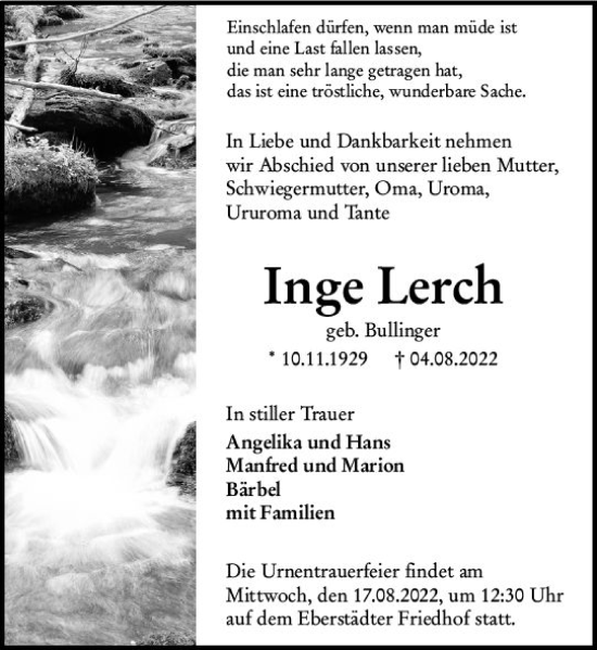 Traueranzeige von Inge Lerch von vrm-trauer Darmstädter Echo