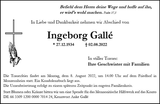 Traueranzeige von Ingeborg Galle von vrm-trauer Wormser Zeitung