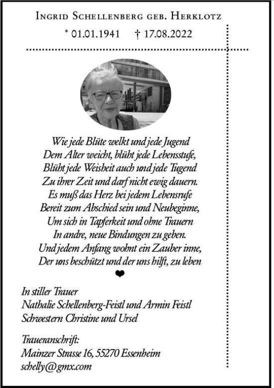 Traueranzeige von Ingrid Schellenberg von vrm-trauer AZ Mainz