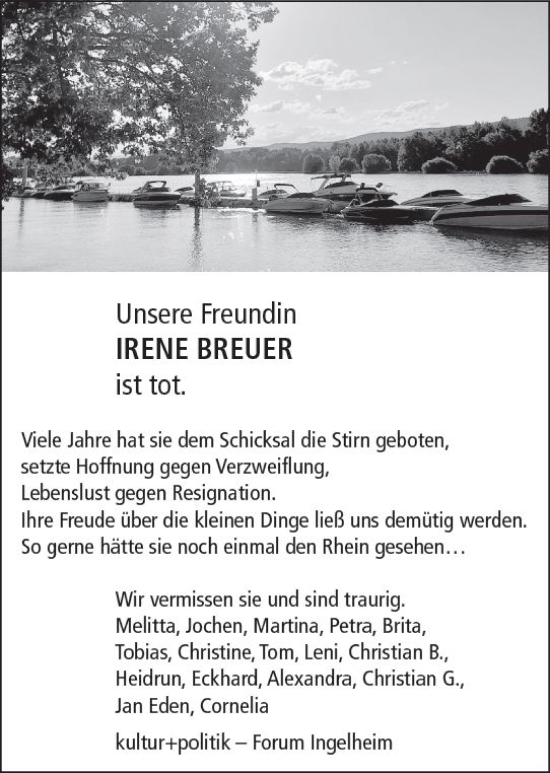 Traueranzeige von Irene Breuer von vrm-trauer Allgemeine  Zeitung Ingelheim-Bingen