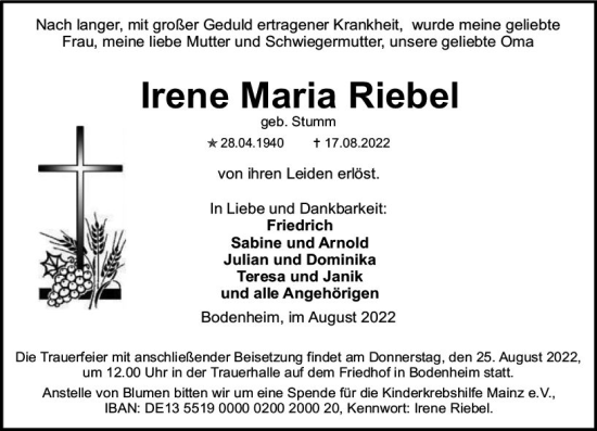 Traueranzeige von Irene Maria Riebel von vrm-trauer AZ Mainz