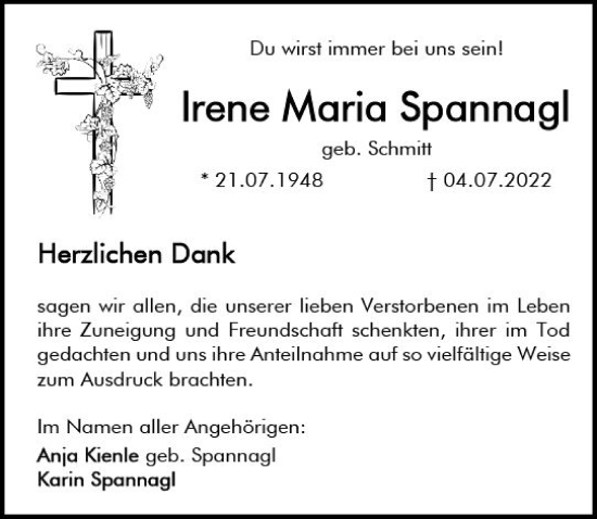 Traueranzeige von Irene Maria Spannagl von vrm-trauer AZ Mainz