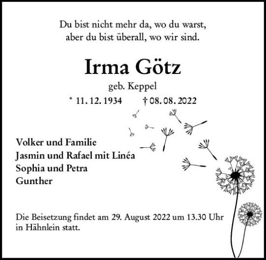 Traueranzeige von Irma Götz von vrm-trauer Darmstädter Echo