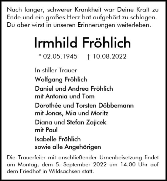 Traueranzeige von Irmhild Fröhlich von vrm-trauer Wiesbadener Kurier
