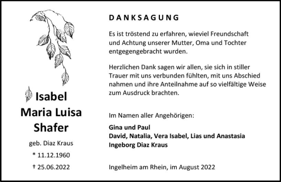 Traueranzeige von Isabel Maria Luisa Shafer von vrm-trauer Allgemeine  Zeitung Ingelheim-Bingen