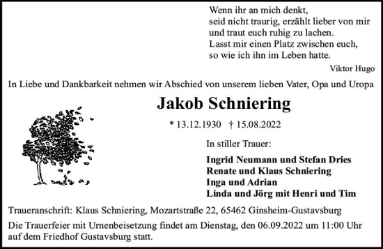 Traueranzeige von Jakob Schniering von vrm-trauer AZ Mainz