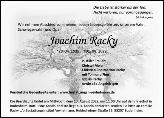 Traueranzeige von Joachim Racky von vrm-trauer AZ Mainz