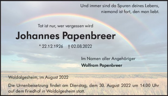 Traueranzeige von Johannes Papenbreer von vrm-trauer Allgemeine  Zeitung Ingelheim-Bingen