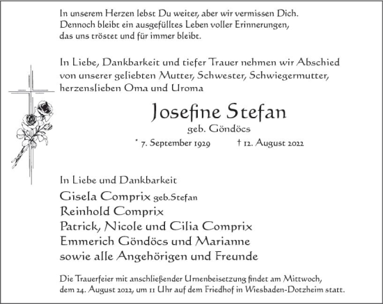 Traueranzeige von Josefine Stefan von vrm-trauer Wiesbadener Kurier