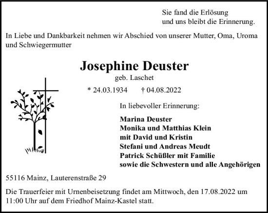 Traueranzeige von Josephine Deuster von vrm-trauer AZ Mainz