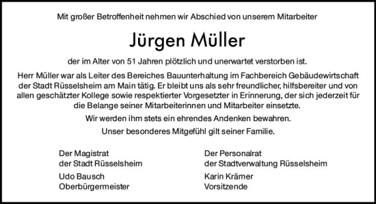 Traueranzeige von Jürgen Müller von vrm-trauer Rüsselsheimer Echo / MainSpitze
