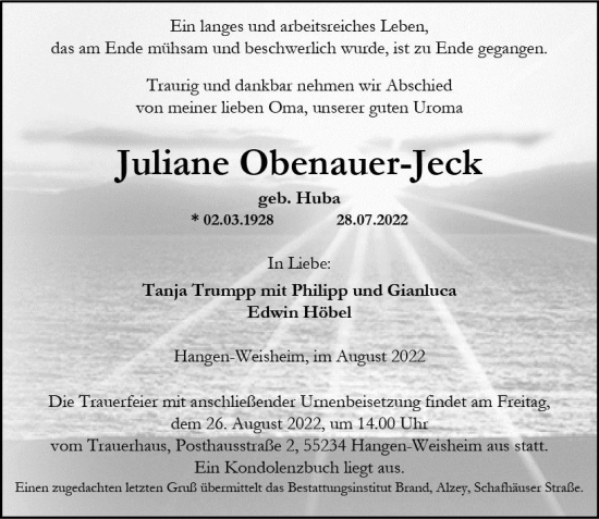 Traueranzeige von Juliane Obenauer-Jeck von vrm-trauer Allgemeine Zeitung Alzey