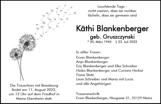 Traueranzeige von Käthi Blankenberger von vrm-trauer AZ Mainz